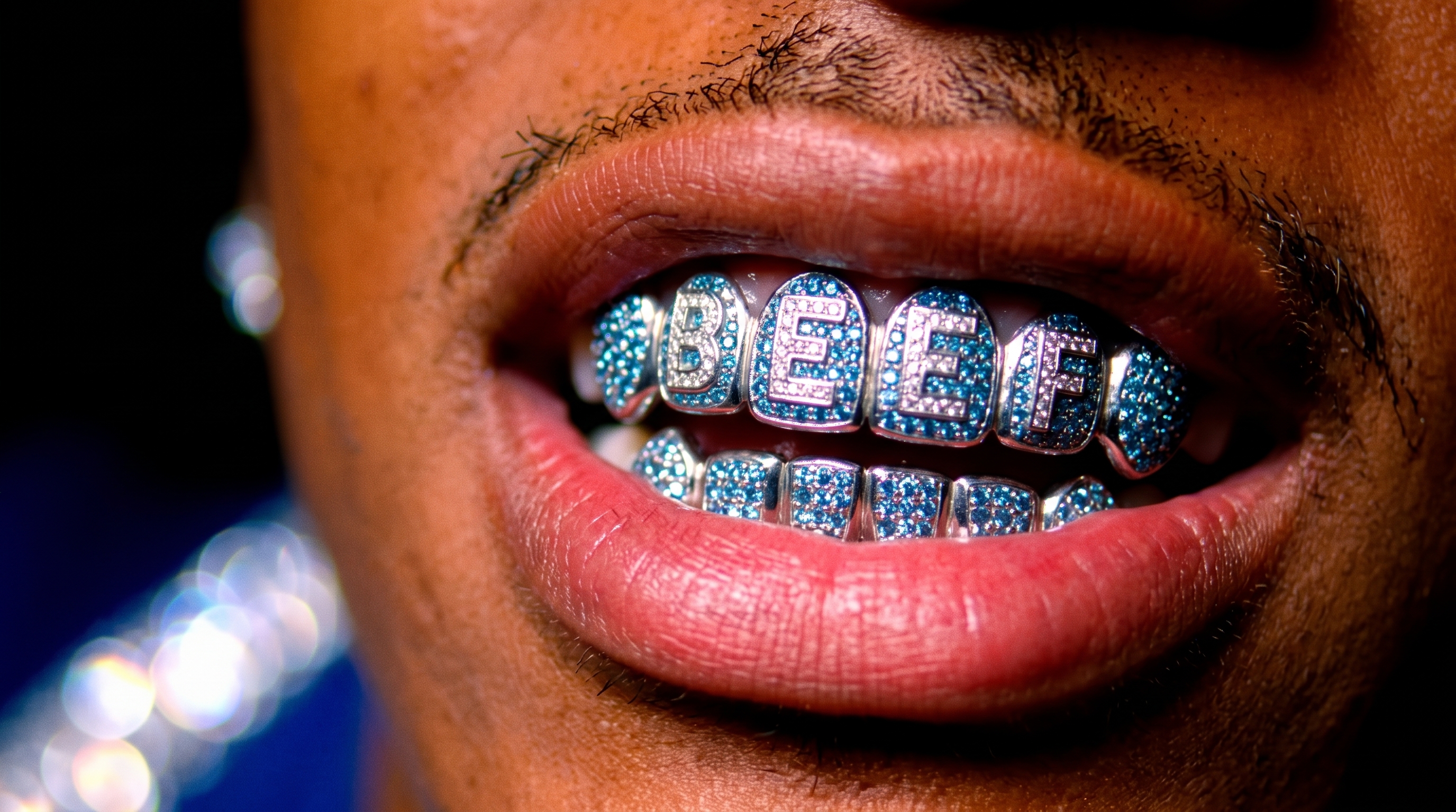 Primer plano editorial de grillz con las letras BEEF